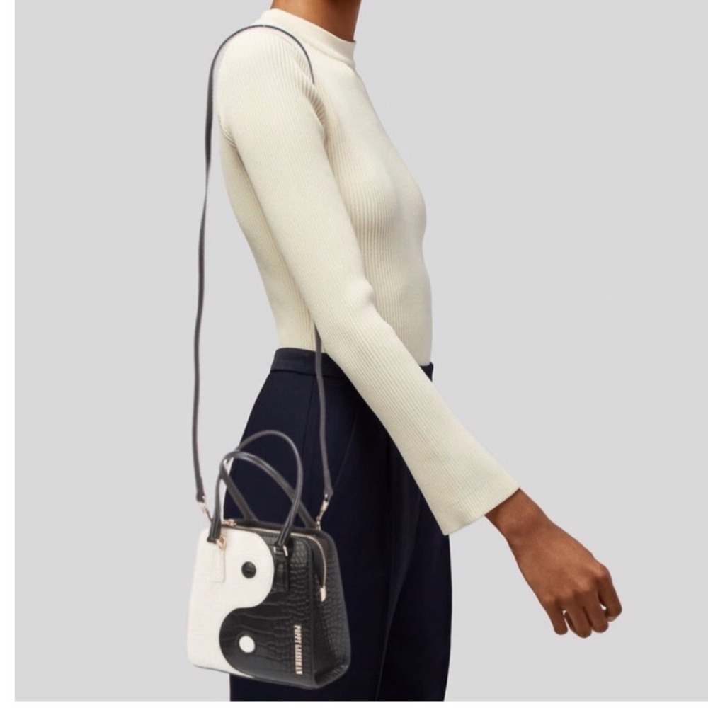 Poppy Lissiman Yin Yang Croc Embossed Top Handle Shoulder Bag Black White Gold